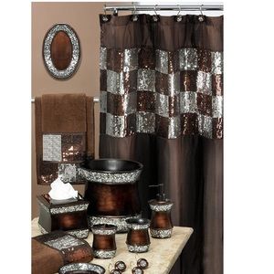 Elite Sequin Shower Material Curtain Brown Silver 72 in x 70 in NEW